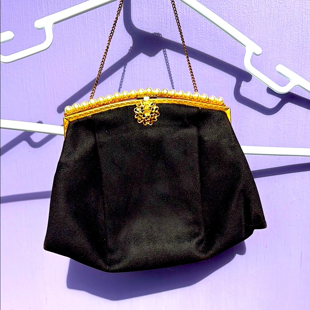 Vintage French Black Gold and Pearl Purse